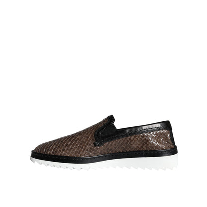 Dolce & Gabbana Brown Black Leather Weaved Men Loafers Shoes
