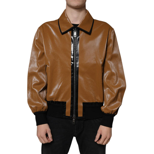 Dolce & Gabbana Brown Leather Full Zip Men Bomber Jacket