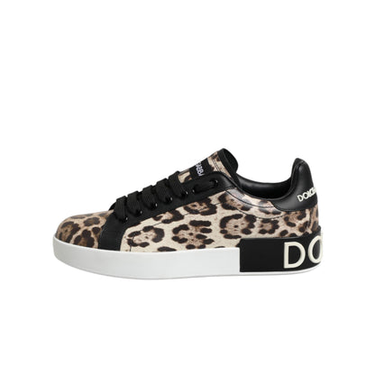 Dolce & Gabbana Brown Leather Leopard Low Top Sneakers Shoes