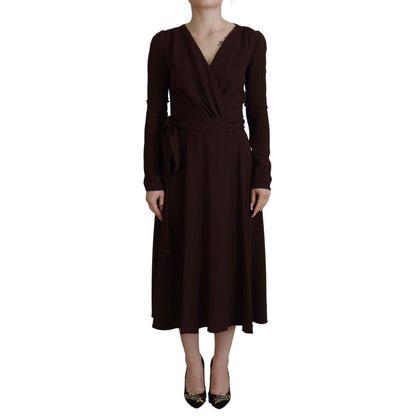 Dolce & Gabbana Brown Wrap Long Sleeve Midi Stretch Dress