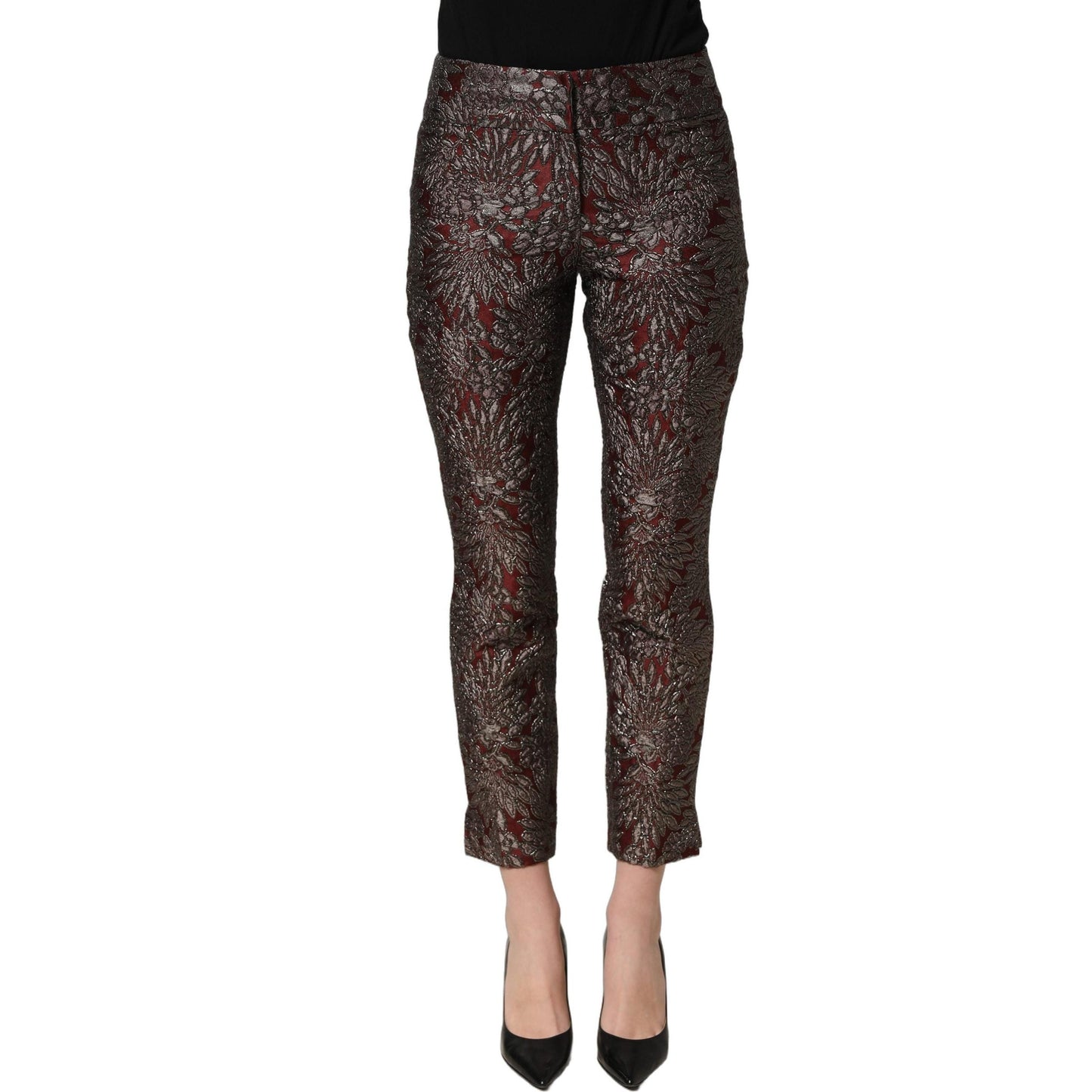 Dolce & Gabbana Burgundy Grey Floral Jacquard Straight Pants