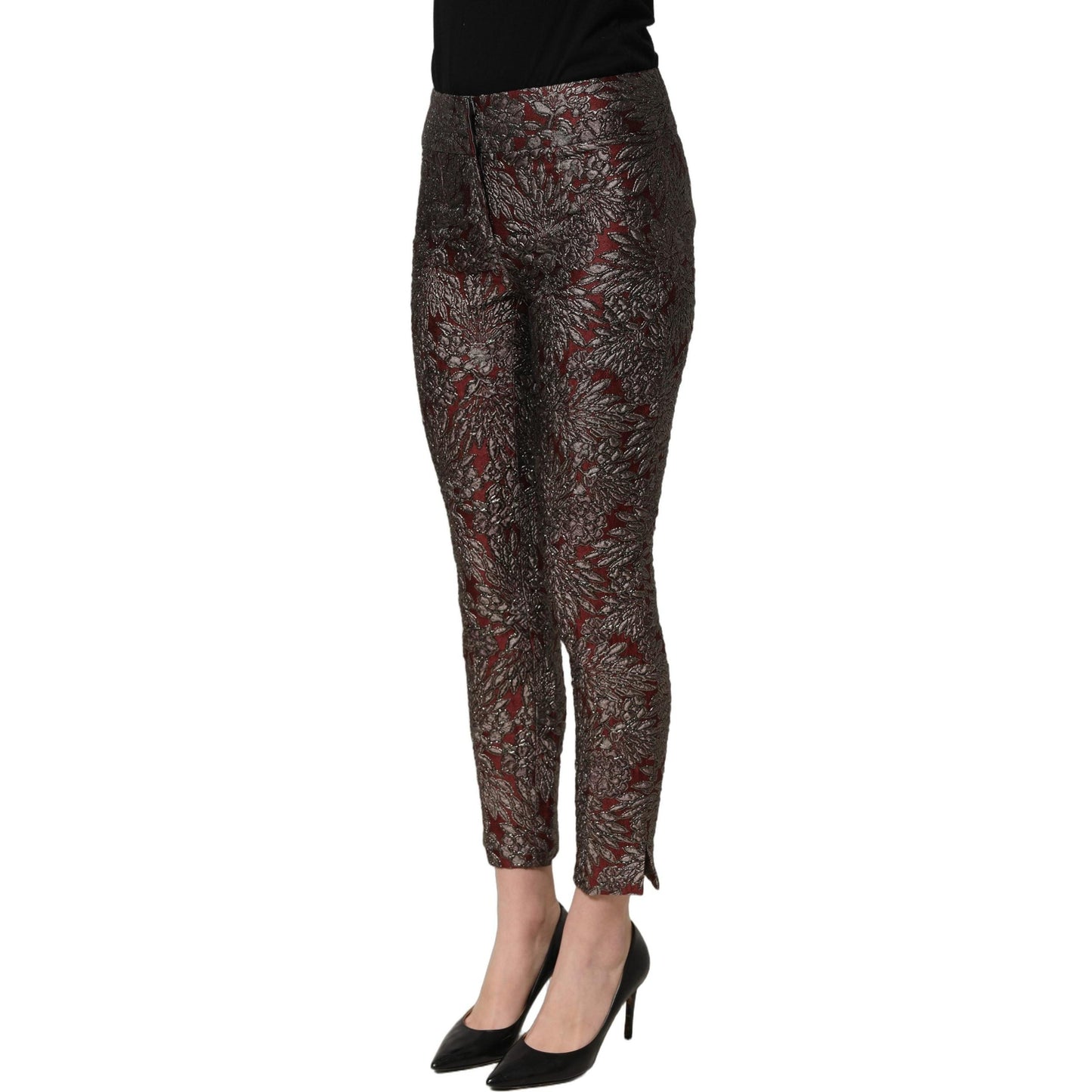 Dolce & Gabbana Burgundy Grey Floral Jacquard Straight Pants