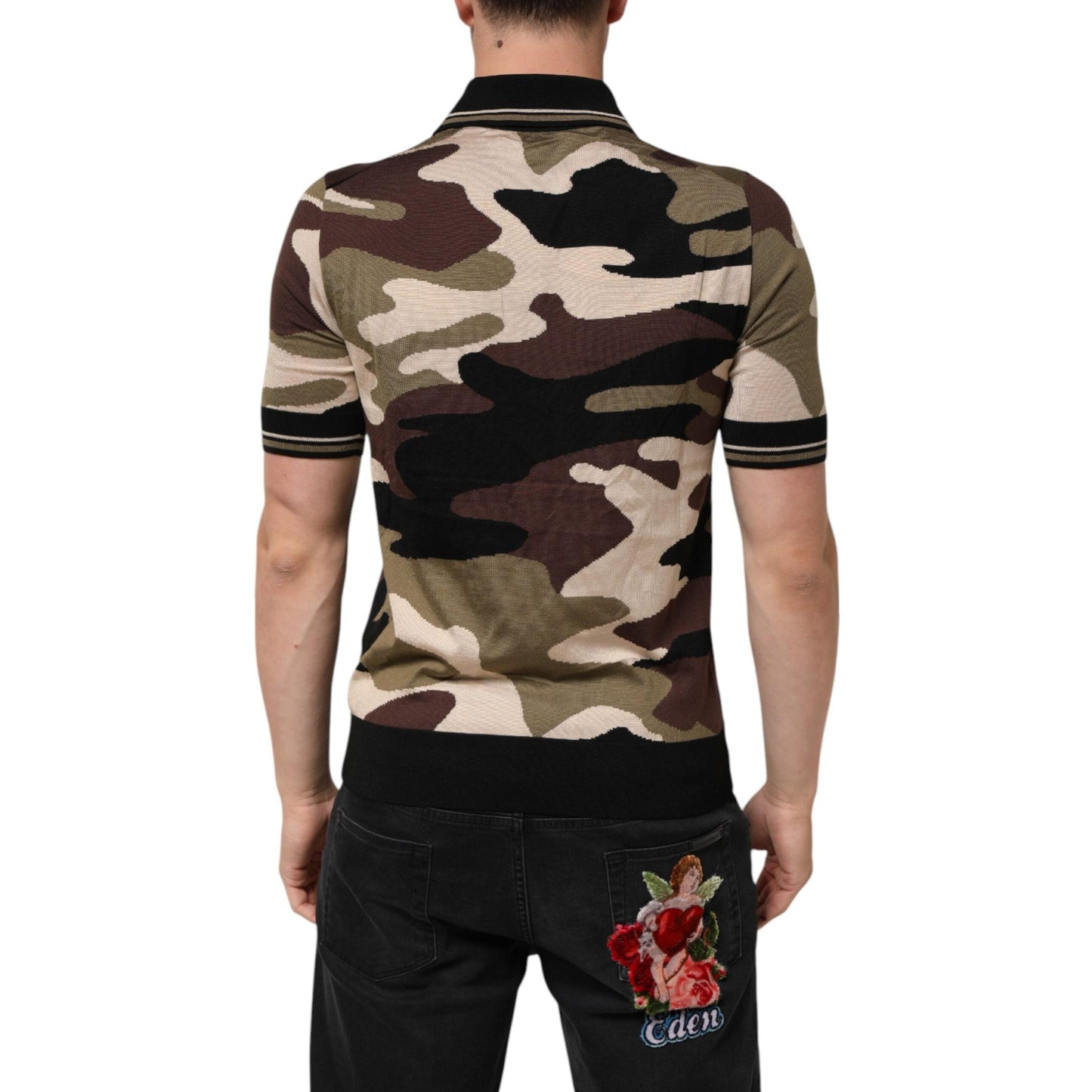 Dolce & Gabbana Camouflage Brown Silk Military Polo T-shirt