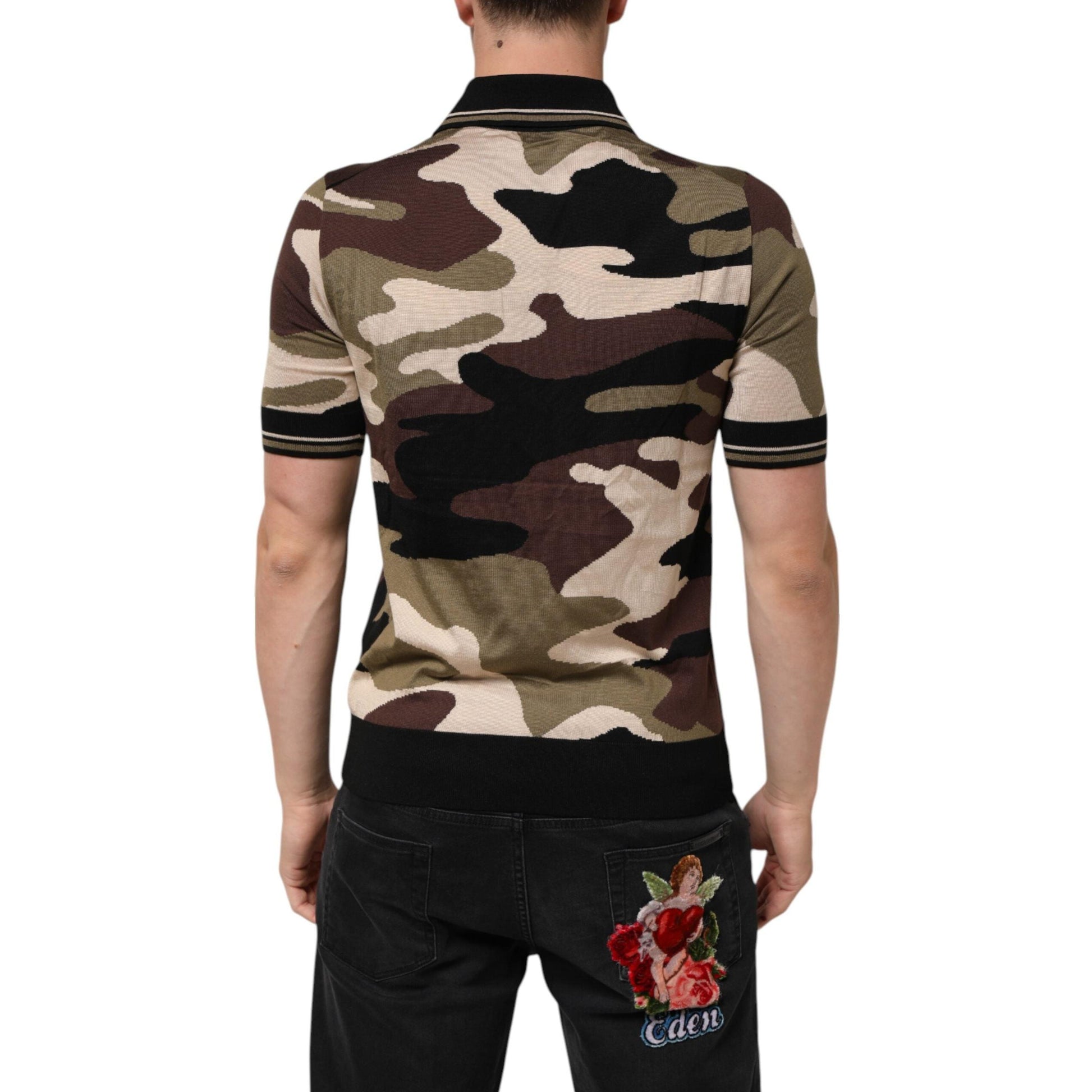 Dolce & Gabbana Camouflage Brown Silk Military Polo T-shirt