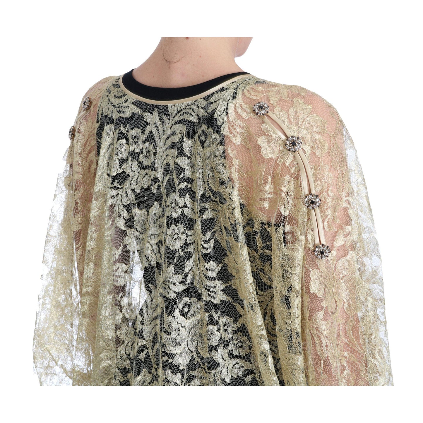Dolce & Gabbana Gold Floral Lace Crystal Gown Cape Dress