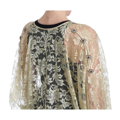 Dolce & Gabbana Gold Floral Lace Crystal Gown Cape Dress