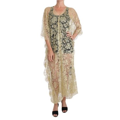 Dolce & Gabbana Gold Floral Lace Crystal Gown Cape Dress