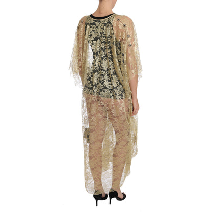 Dolce & Gabbana Gold Floral Lace Crystal Gown Cape Dress