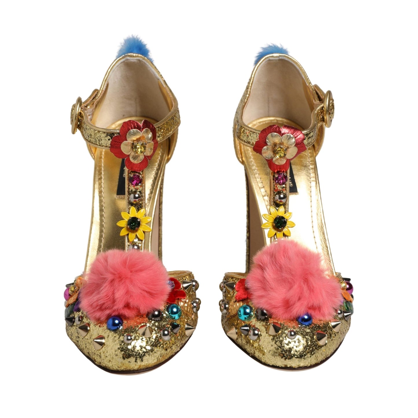 Dolce & Gabbana Gold Fur Trim Glitter T-strap Sandals Shoes