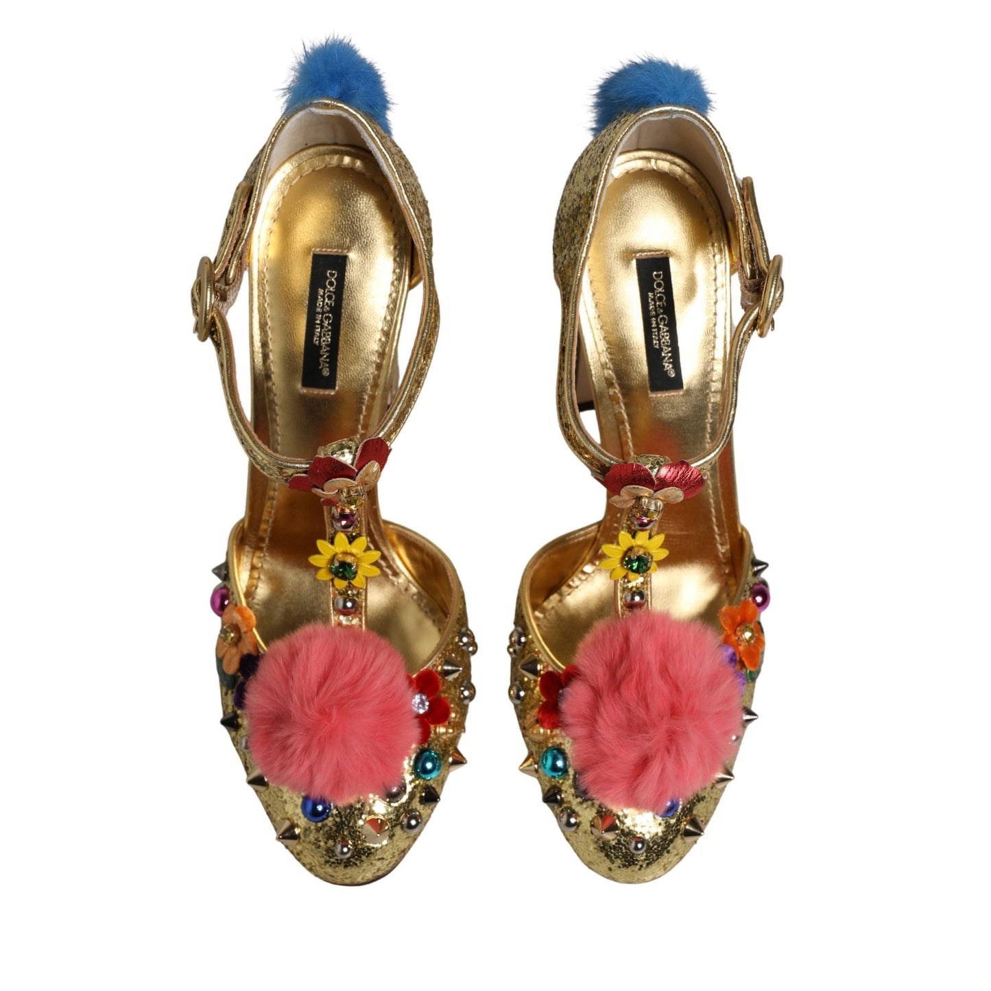Dolce & Gabbana Gold Fur Trim Glitter T-strap Sandals Shoes