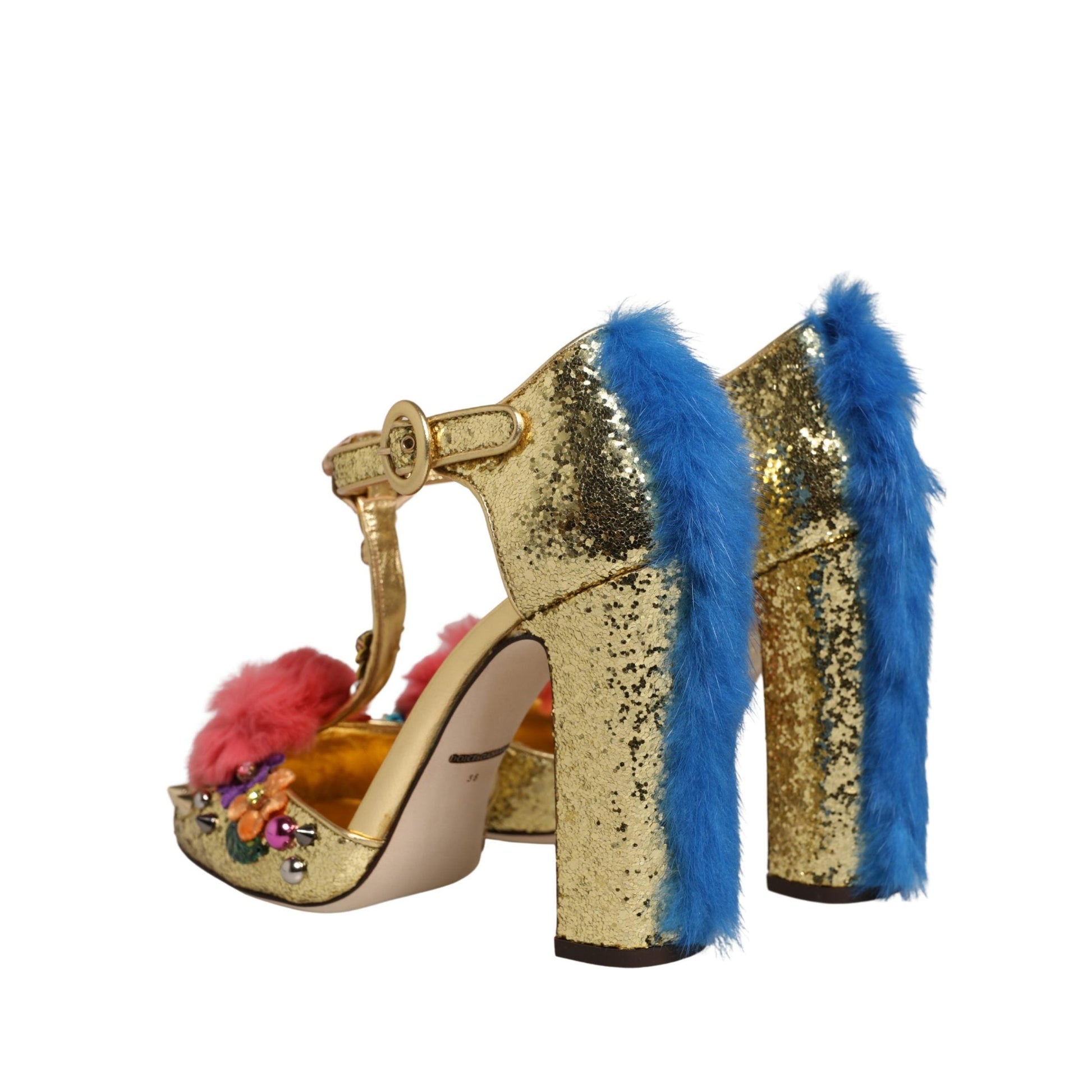 Dolce & Gabbana Gold Fur Trim Glitter T-strap Sandals Shoes