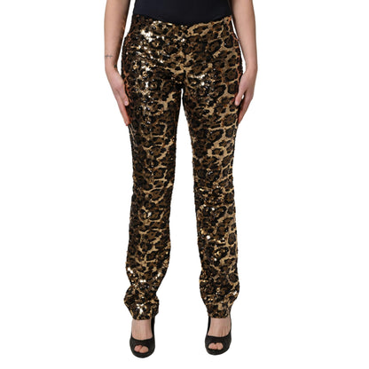 Dolce & Gabbana Gold Leopard Sequined Straight Trouser Pants