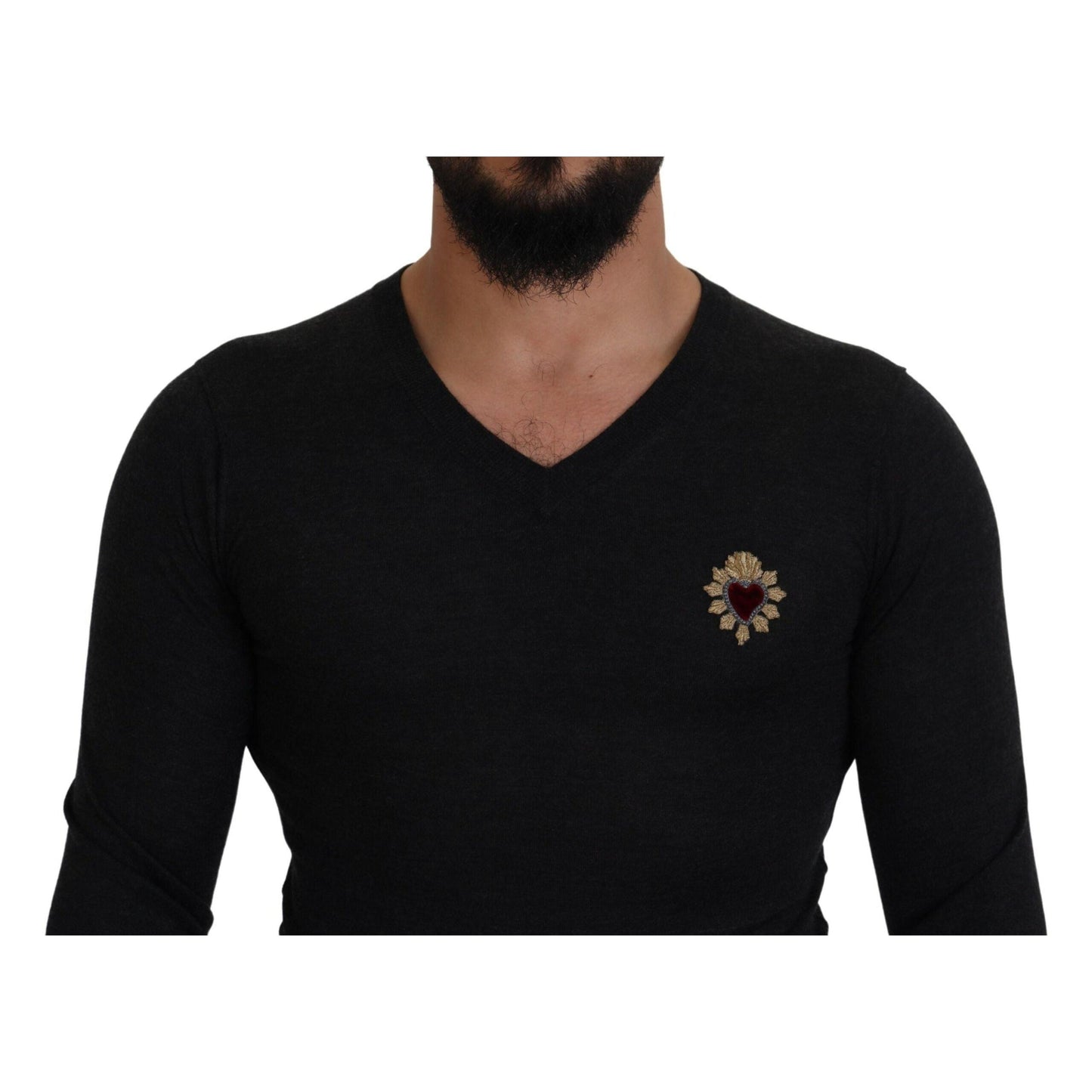 Dolce & Gabbana Gray Cashmere V-neck Gold Heart Sweater