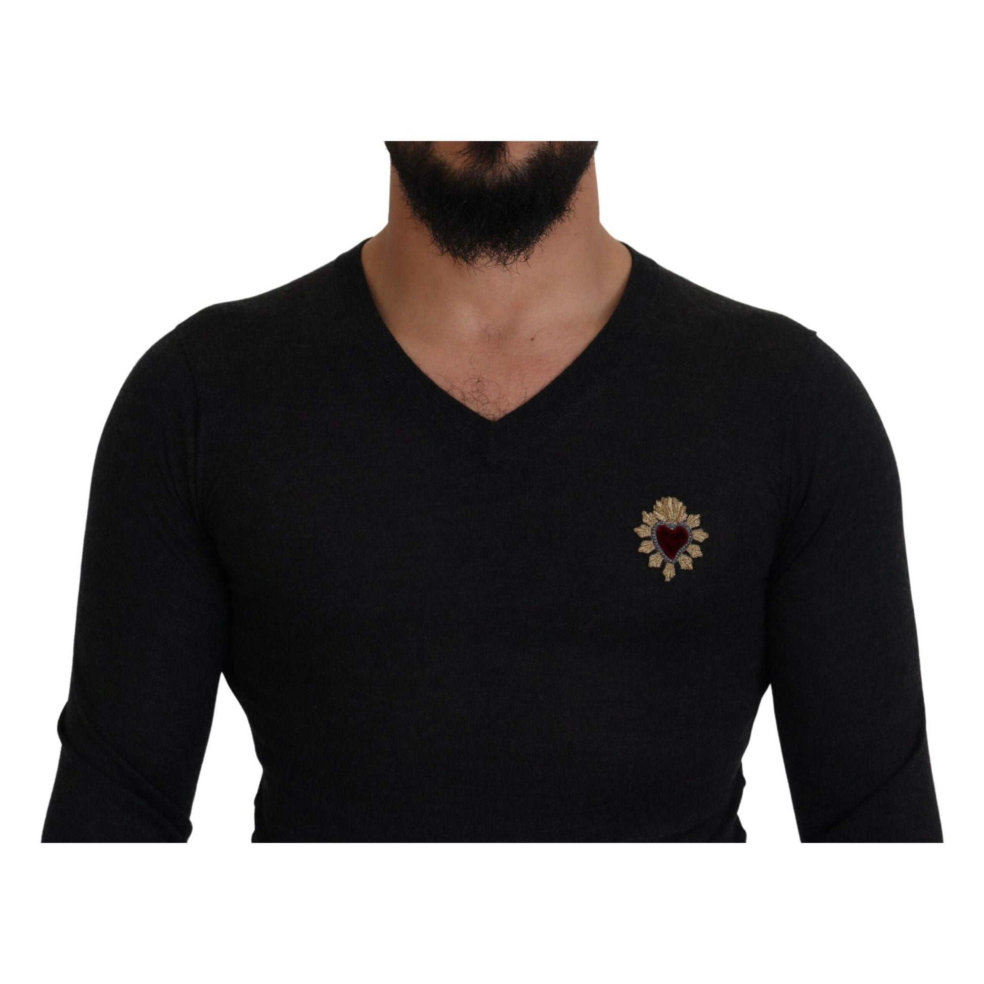 Dolce & Gabbana Gray Cashmere V-neck Gold Heart Sweater