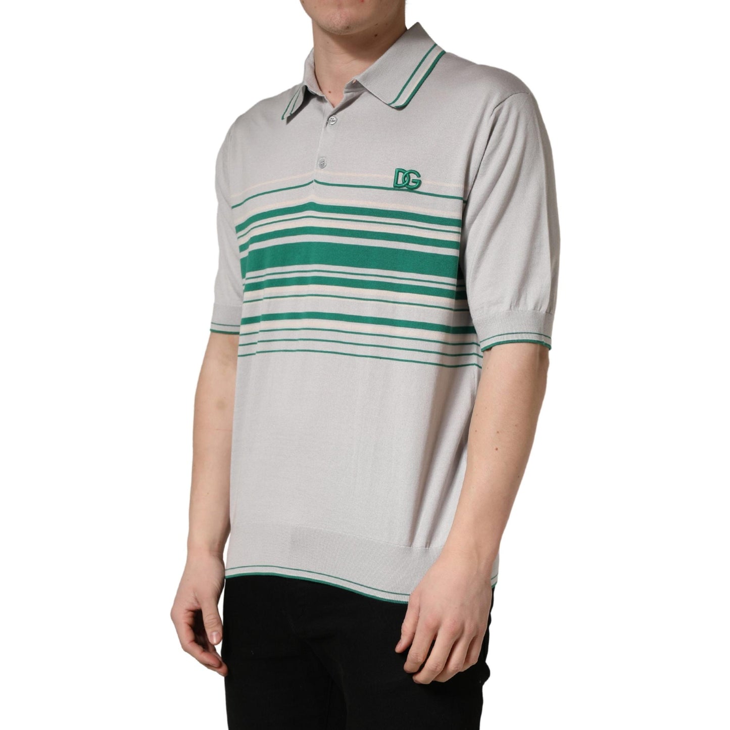 Dolce & Gabbana Gray Green Striped Logo Silk Polo T-shirt