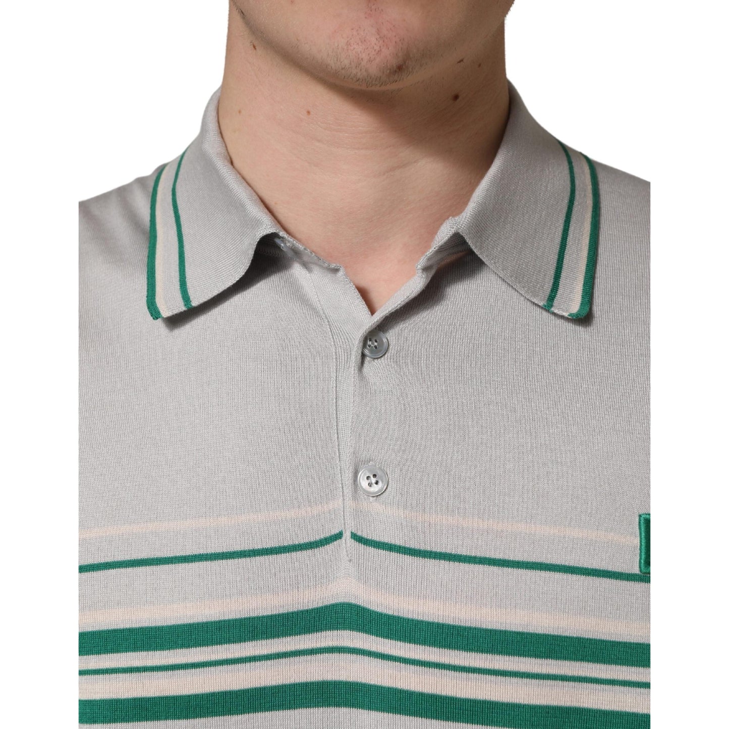 Dolce & Gabbana Gray Green Striped Logo Silk Polo T-shirt