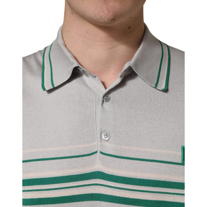 Dolce & Gabbana Gray Green Striped Logo Silk Polo T-shirt