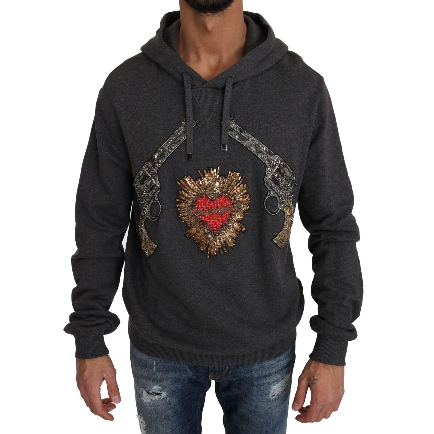 Dolce & Gabbana Gray Hooded Red Crystal Heart Gun Sweater