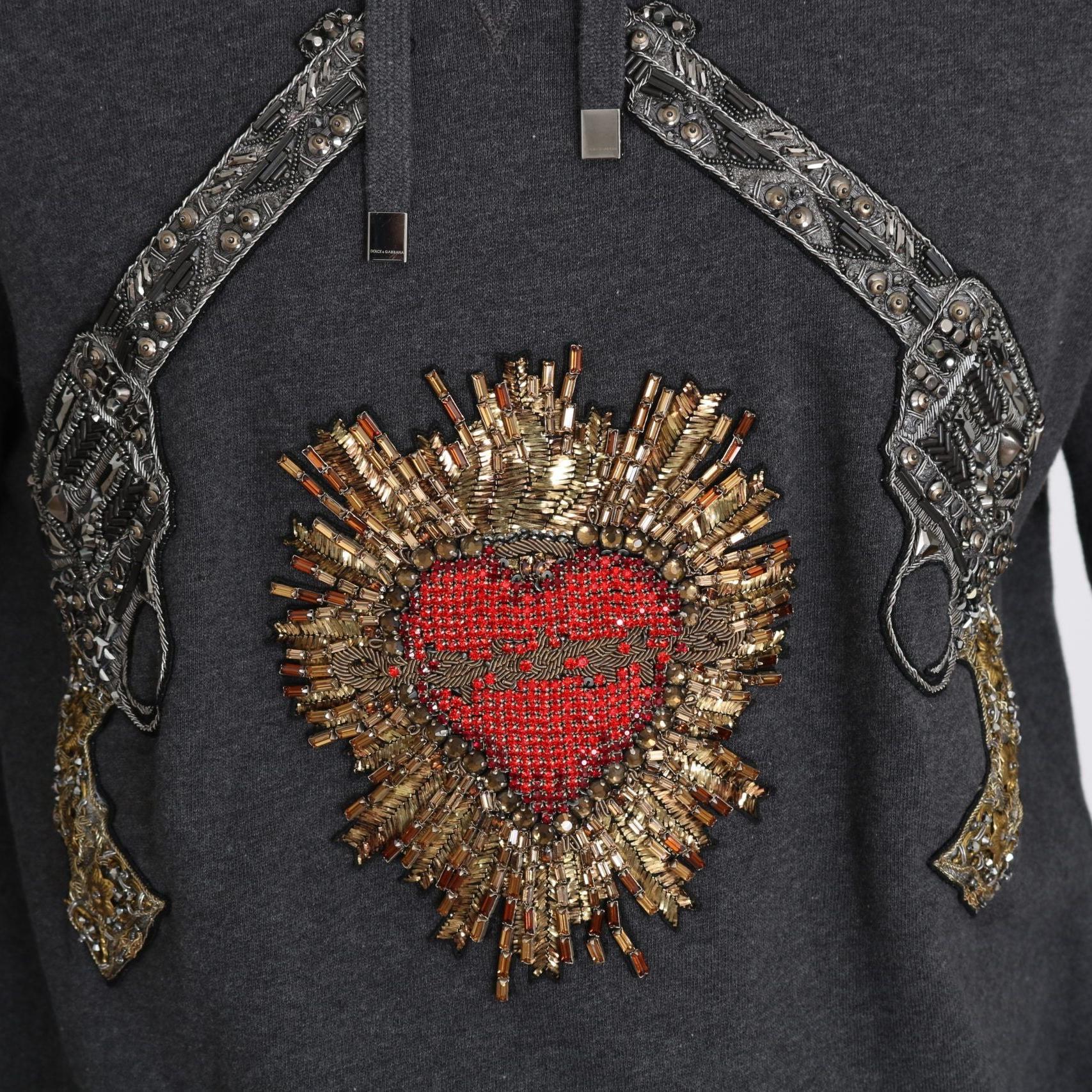 Dolce & Gabbana Gray Hooded Red Crystal Heart Gun Sweater