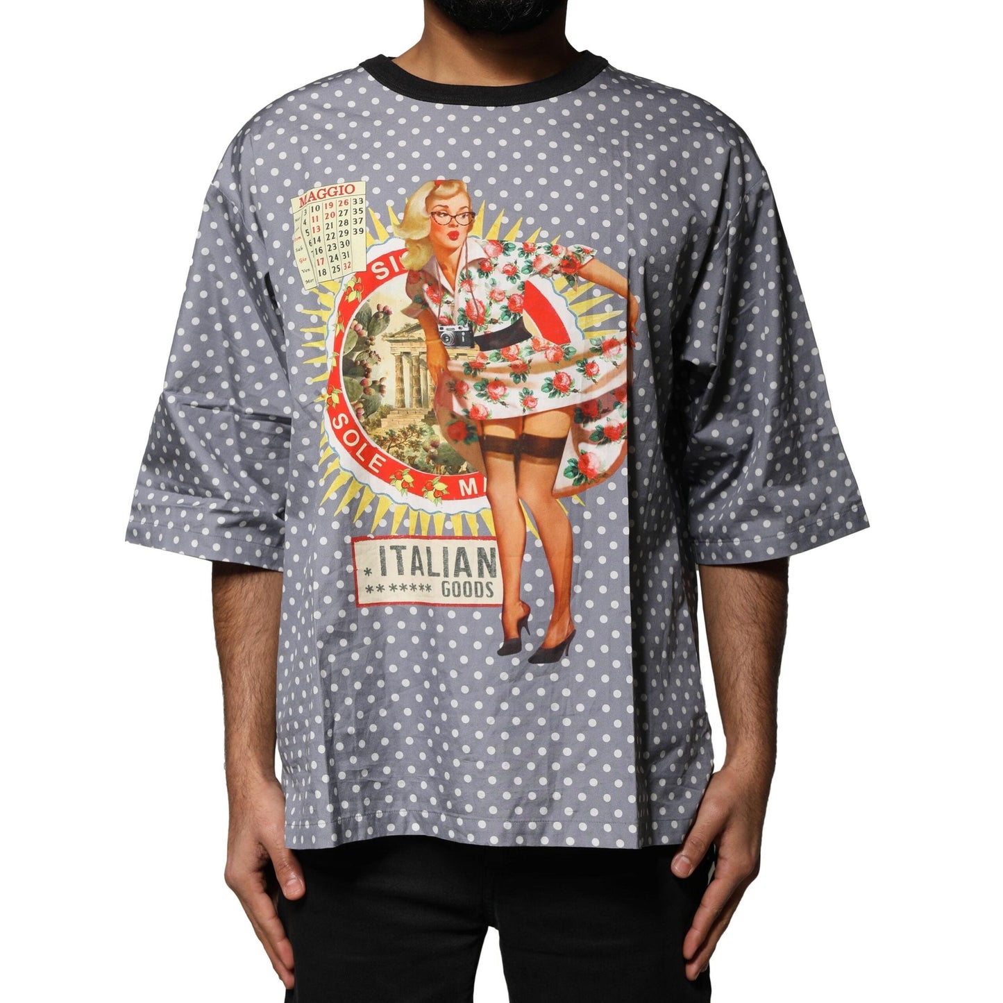 Dolce & Gabbana Gray Polka Dot Pin-Up Print Crew Neck T-shirt