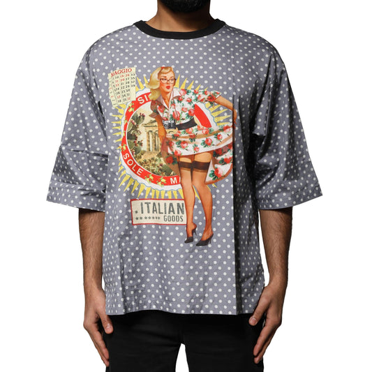 Dolce & Gabbana Gray Polka Dot Pin-Up Print Crew Neck T-shirt