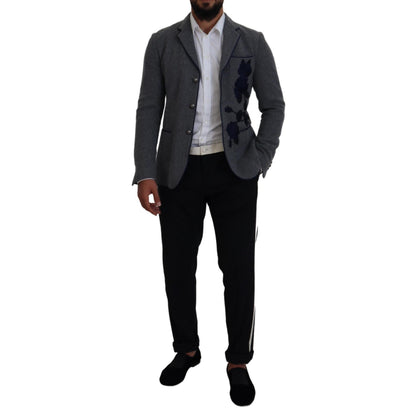 Dolce & Gabbana Gray Wool Roses Slim Fit Jacket Blazer