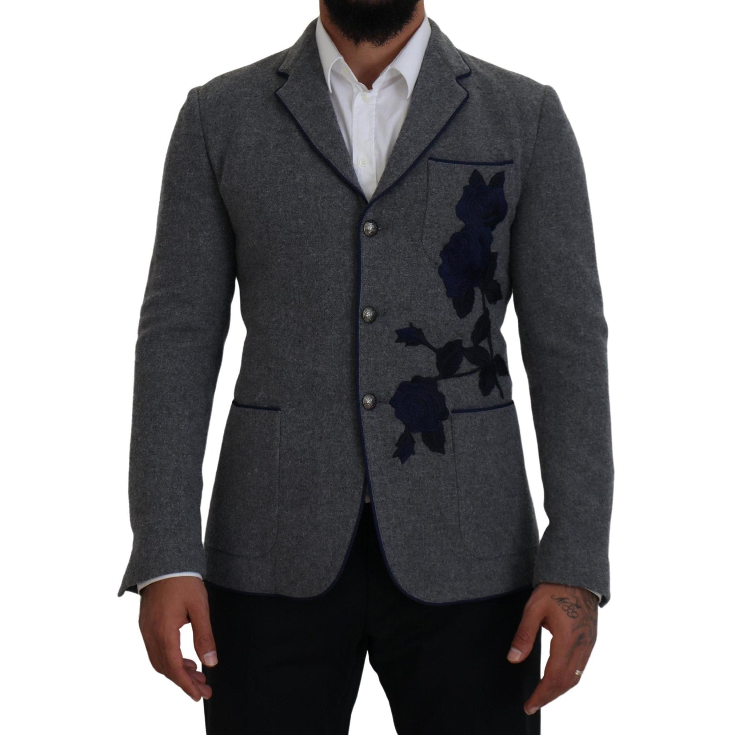 Dolce & Gabbana Gray Wool Roses Slim Fit Jacket Blazer