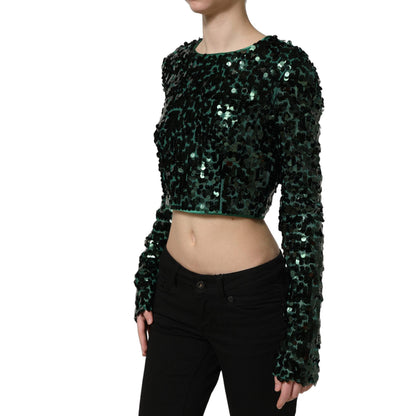 Dolce & Gabbana Green Sequined Long Sleeves Crop Blouse Top