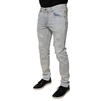 Dolce & Gabbana Light Blue Cotton Blend Tattered Skinny Denim Jeans