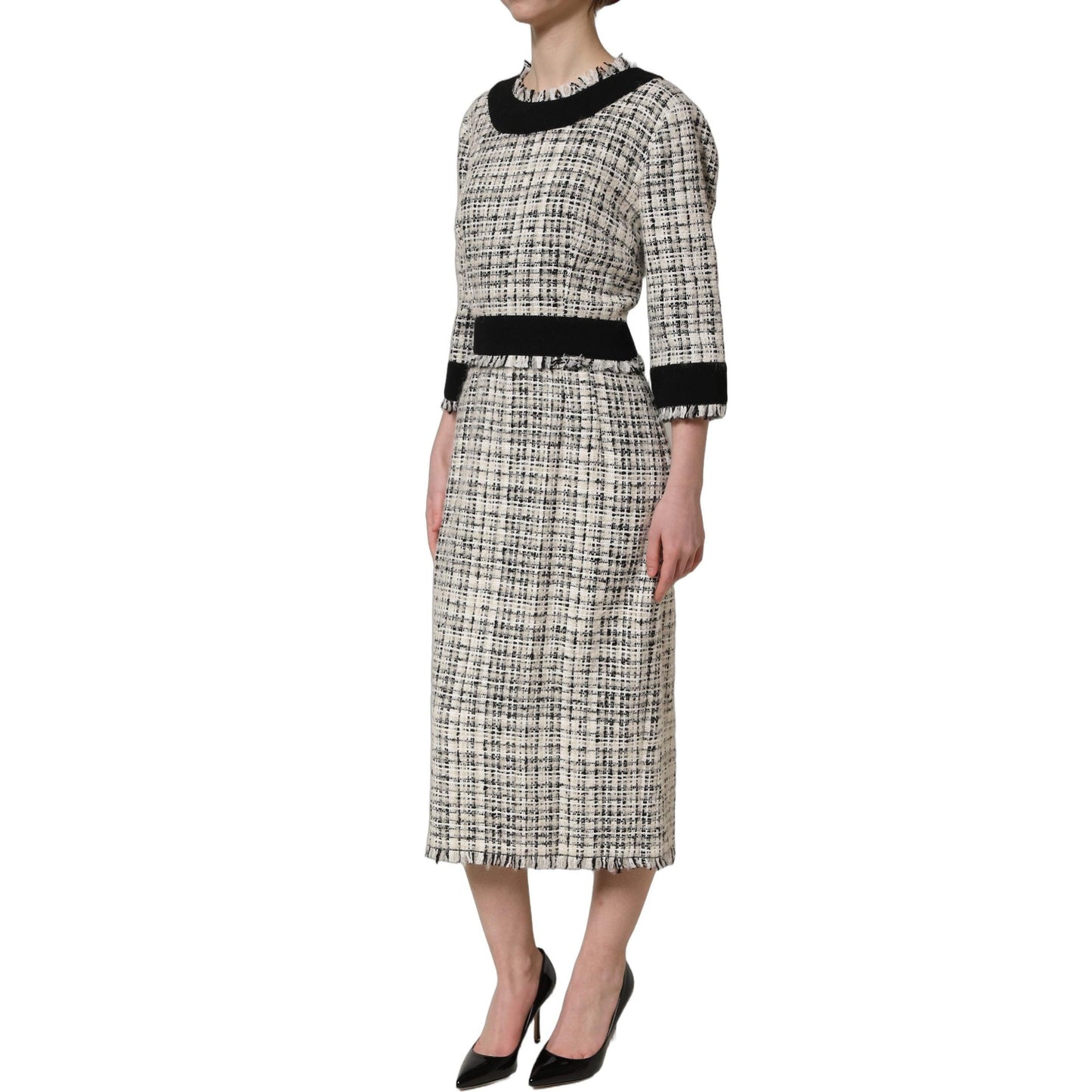 Dolce & Gabbana Multicolor Bouclé Tweed Frayed Trim Midi Dress