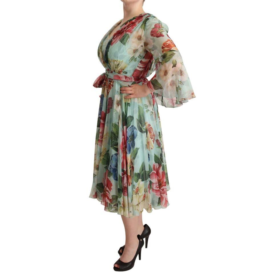 Dolce & Gabbana Multicolor Green Floral Silk Wrap Midi Dress