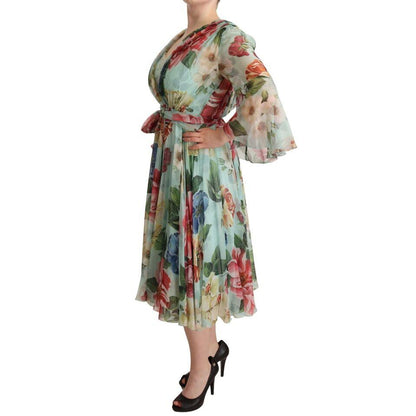 Dolce & Gabbana Multicolor Green Floral Silk Wrap Midi Dress