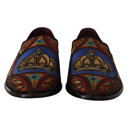 Dolce & Gabbana Multicolor Jacquard Crown Slippers Loafers Shoes