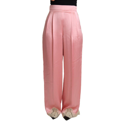 Dolce & Gabbana Pink Lace Trimmed Silk Satin Wide Legs Pants