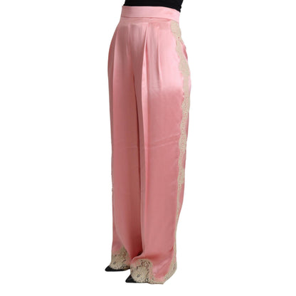 Dolce & Gabbana Pink Lace Trimmed Silk Satin Wide Legs Pants