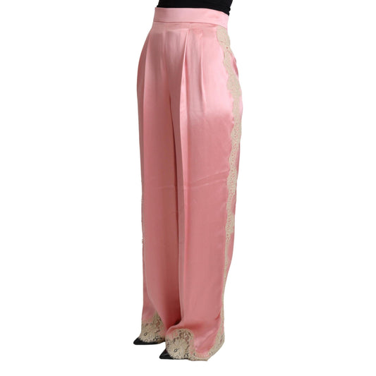 Dolce & Gabbana Pink Lace Trimmed Silk Satin Wide Legs Pants