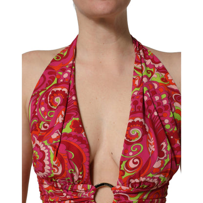 Dolce & Gabbana Red Paisley Silk Halter Neck Crop Tank Top