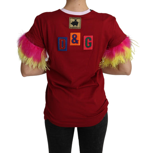 Dolce & Gabbana Red Pig Print Feather Sleeves T-shirt Top