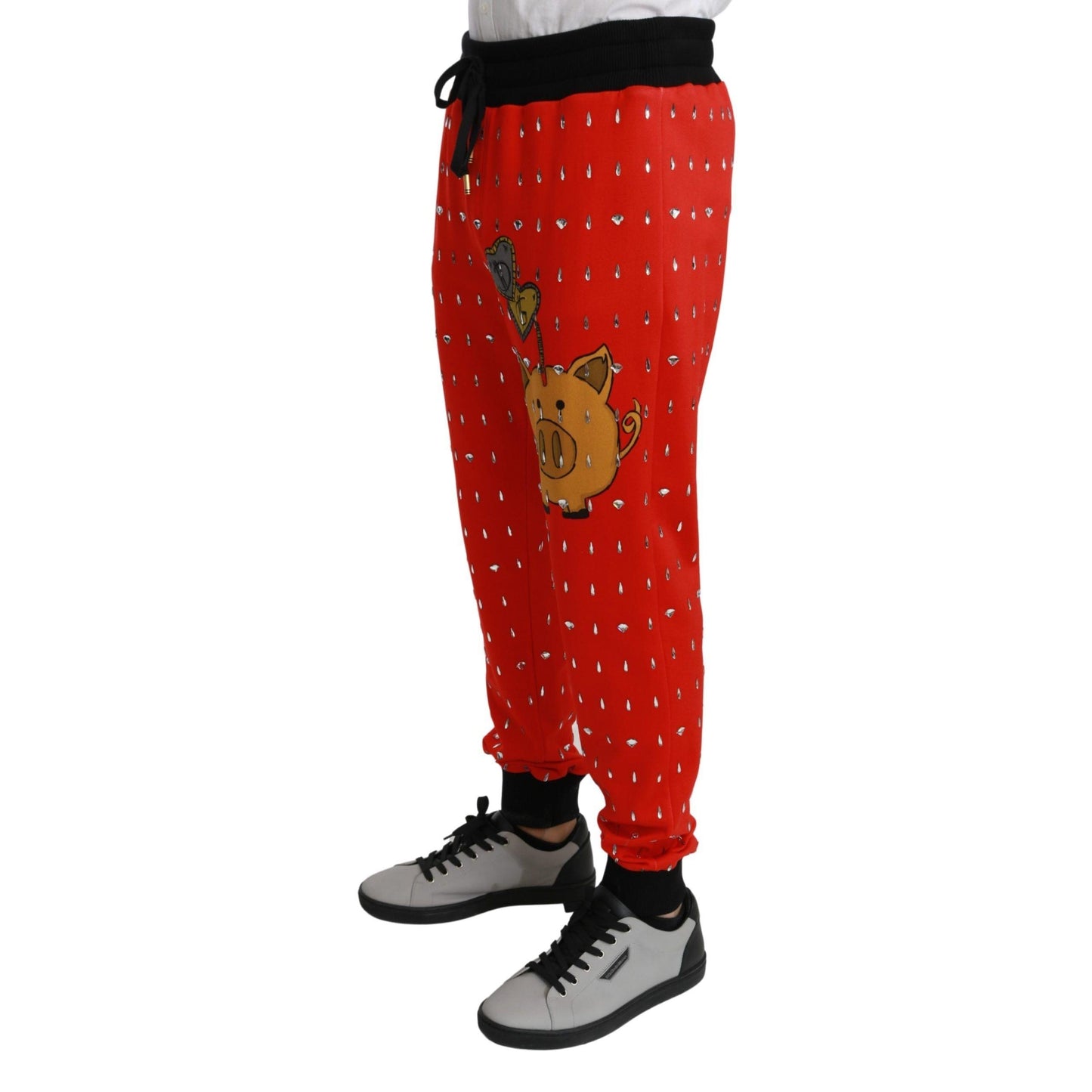 Dolce & Gabbana Red Piggy Bank Cotton Crystal Trousers Pants