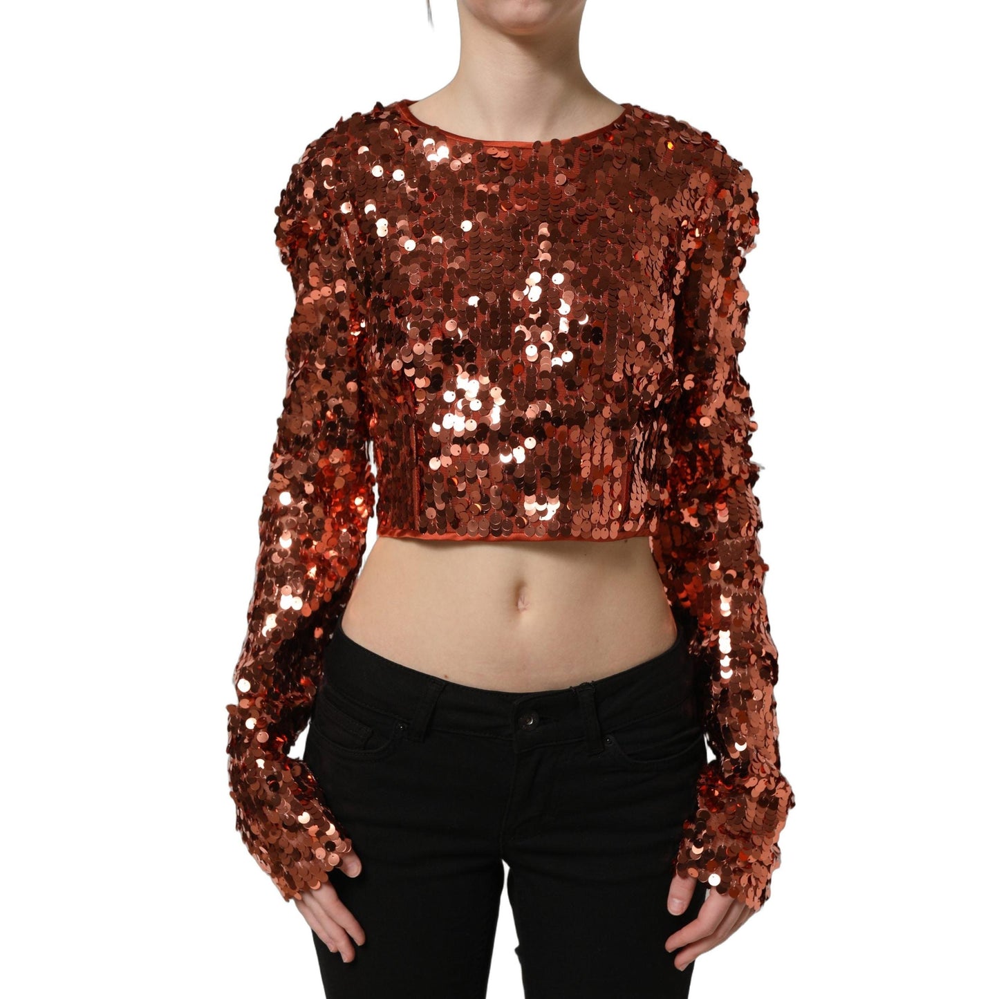 Dolce & Gabbana Red Sequined Long Sleeves Crop Blouse Top