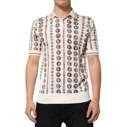 Dolce & Gabbana Silk Ivory Coin Print Logo Men Polo T-shirt