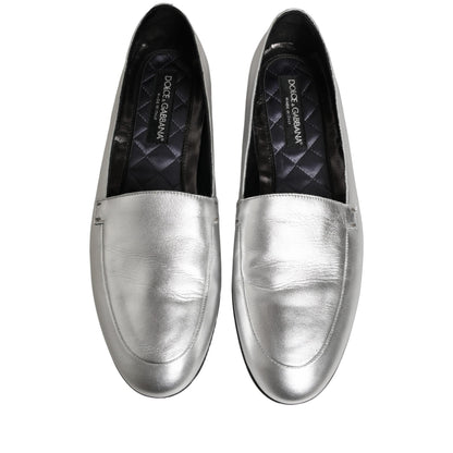 Dolce & Gabbana Silver Leather DG Logo Slip On Loafers Shoes