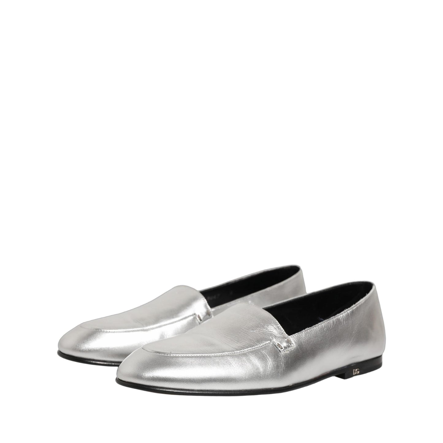 Dolce & Gabbana Silver Leather DG Logo Slip On Loafers Shoes