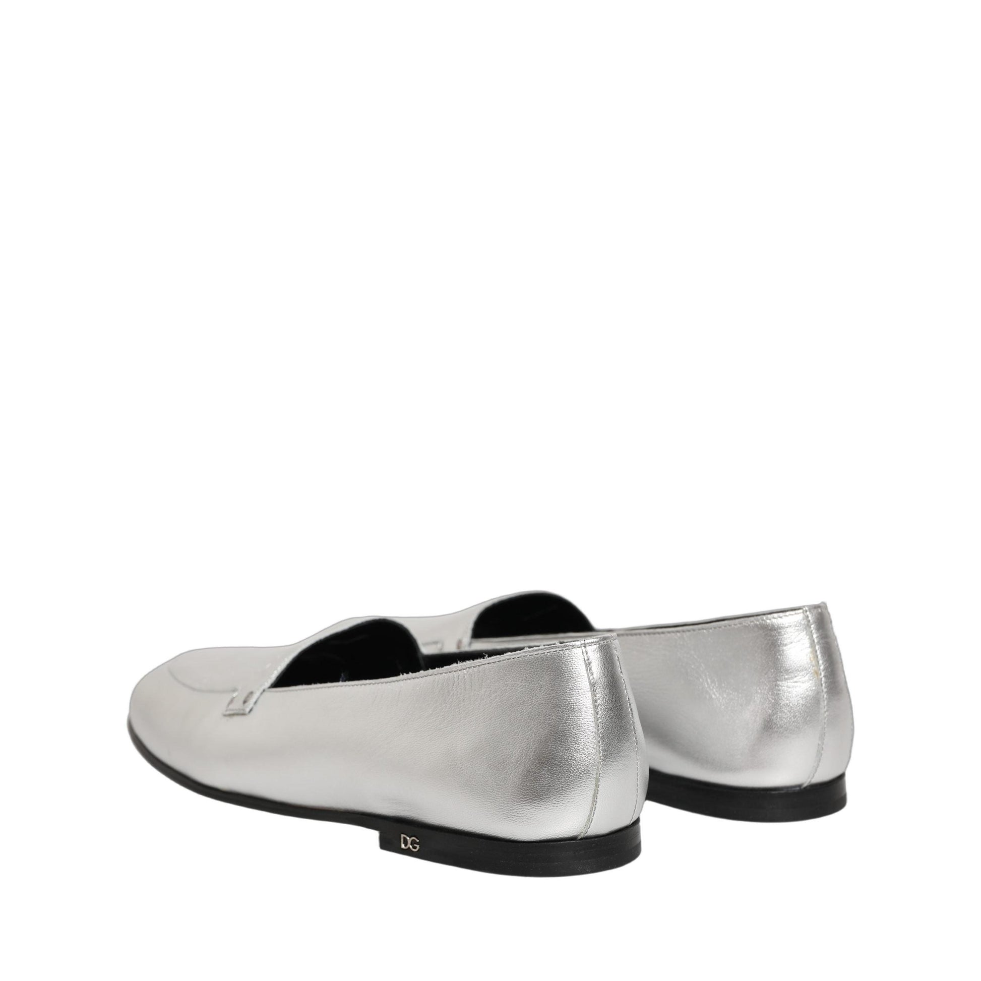 Dolce & Gabbana Silver Leather DG Logo Slip On Loafers Shoes