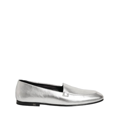 Dolce & Gabbana Silver Leather DG Logo Slip On Loafers Shoes