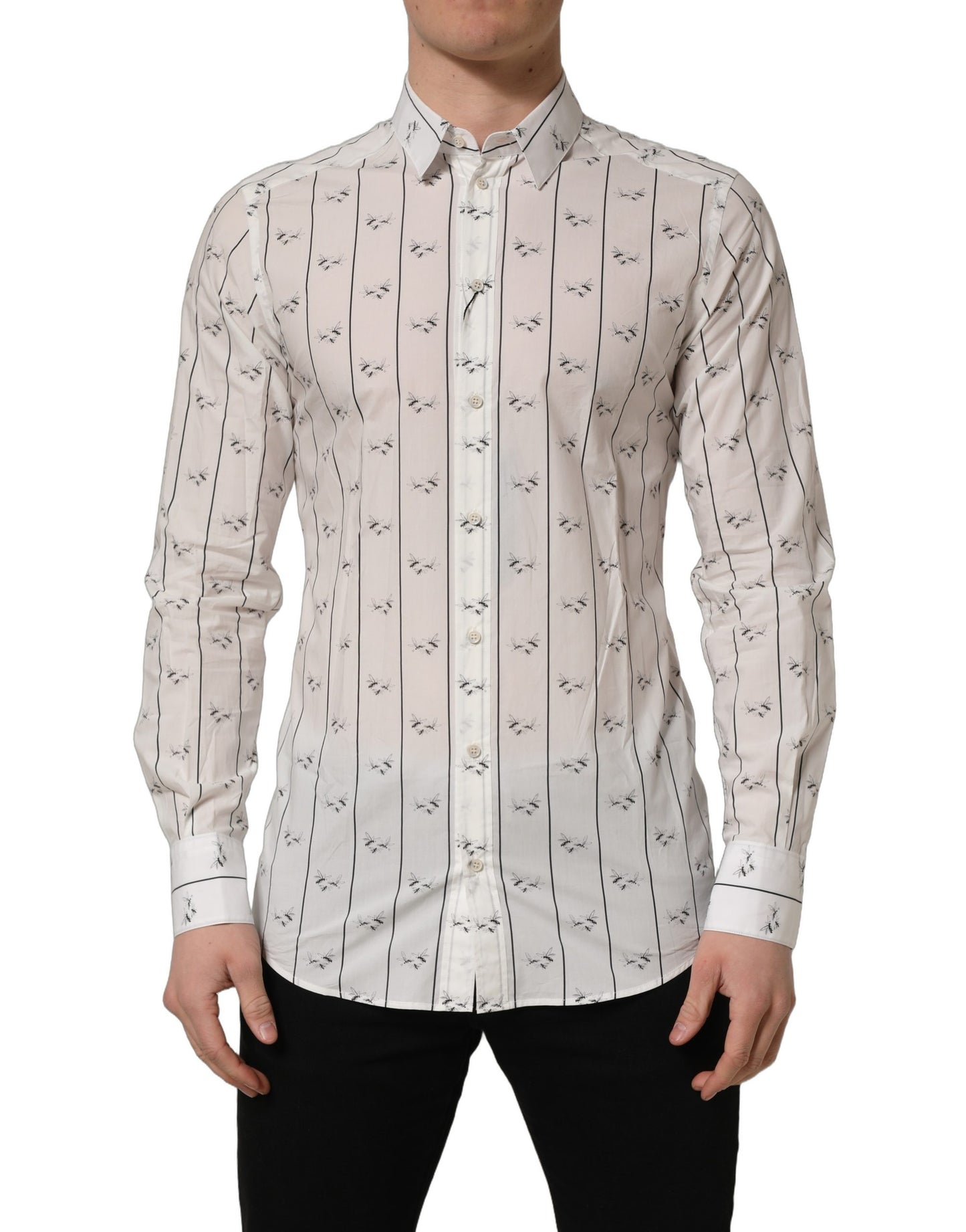 Dolce & Gabbana White Bee Print Cotton GOLD Fit Dress Shirt