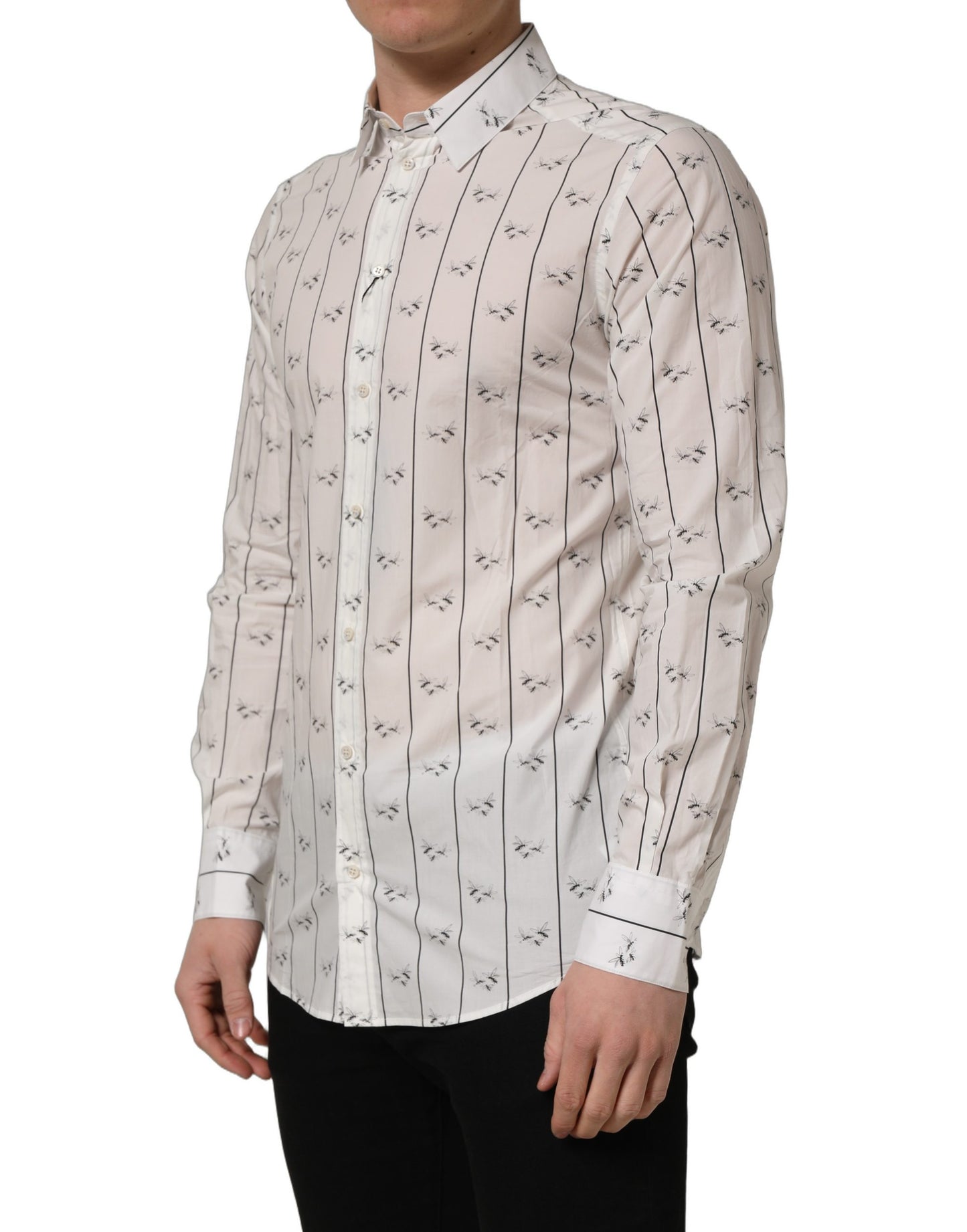 Dolce & Gabbana White Bee Print Cotton GOLD Fit Dress Shirt