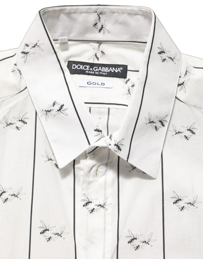 Dolce & Gabbana White Bee Print Cotton GOLD Fit Dress Shirt