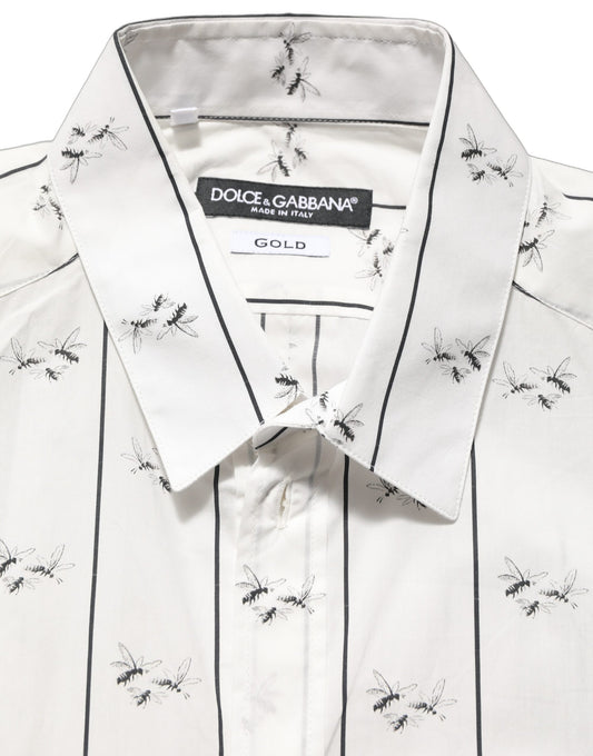 Dolce & Gabbana White Bee Print Cotton GOLD Fit Dress Shirt