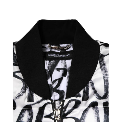 Dolce & Gabbana White Black Graffiti Logo Puffer Bomber Jacket